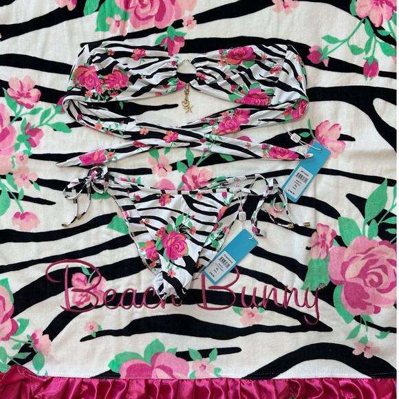 Beach Bunny Bethany Bandeau & Constance Tie Side Bottom - Zebra Rose SZ XL $190 - Picture 13 of 14